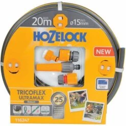 Kit Tuyau D'arrosage - HOZELOCK 116247 - Batterie Tricoflex Ultramax - Anti Torsion Ø15 Longueur 20m + Raccord Standard/aquastop/robinet + Lance - Garantie 25 Ans - Gris