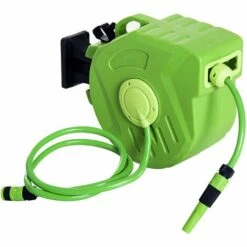 Outsunny Dévidoir Mural Enrouleur Automatique Pivotant 180° Tuyau 20 + 2 M Avec Lance Arrosage Support Mural Intégré Vert - Vert