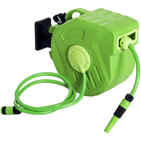 Outsunny Dévidoir Mural Enrouleur Automatique Pivotant 180° Tuyau 20 + 2 M Avec Lance Arrosage Support Mural Intégré Vert - Vert 3 Outsunny Dévidoir Mural Enrouleur Automatique Pivotant 180° Tuyau 20 + 2 M Avec Lance Arrosage Support Mural Intégré Vert - Vert