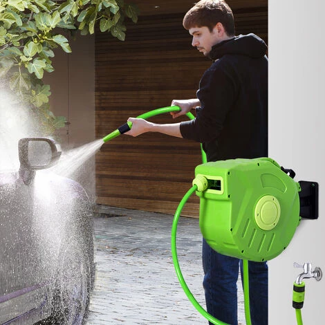 Outsunny Dévidoir Mural Enrouleur Automatique Pivotant 180° Tuyau 20 + 2 M Avec Lance Arrosage Support Mural Intégré Vert - Vert 6 Outsunny Dévidoir Mural Enrouleur Automatique Pivotant 180° Tuyau 20 + 2 M Avec Lance Arrosage Support Mural Intégré Vert - Vert – Image 4