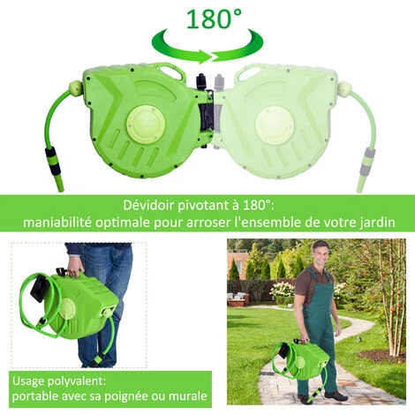 Outsunny Dévidoir Mural Enrouleur Automatique Pivotant 180° Tuyau 20 + 2 M Avec Lance Arrosage Support Mural Intégré Vert - Vert 7 Outsunny Dévidoir Mural Enrouleur Automatique Pivotant 180° Tuyau 20 + 2 M Avec Lance Arrosage Support Mural Intégré Vert - Vert – Image 5