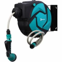 Outsunny Dévidoir Mural Enrouleur Automatique Pivotant 180° Tuyau 10 + 1 M Avec Lance Arrosage Support Mural Intégré Turquoise Noir - Turquoise