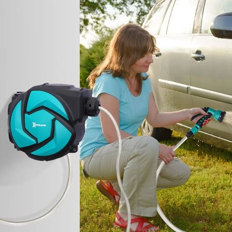 Outsunny Dévidoir Mural Enrouleur Automatique Pivotant 180° Tuyau 10 + 1 M Avec Lance Arrosage Support Mural Intégré Turquoise Noir - Turquoise 4 Outsunny Dévidoir Mural Enrouleur Automatique Pivotant 180° Tuyau 10 + 1 M Avec Lance Arrosage Support Mural Intégré Turquoise Noir - Turquoise – Image 2