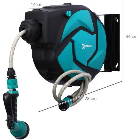 Outsunny Dévidoir Mural Enrouleur Automatique Pivotant 180° Tuyau 10 + 1 M Avec Lance Arrosage Support Mural Intégré Turquoise Noir - Turquoise 5 Outsunny Dévidoir Mural Enrouleur Automatique Pivotant 180° Tuyau 10 + 1 M Avec Lance Arrosage Support Mural Intégré Turquoise Noir - Turquoise – Image 3