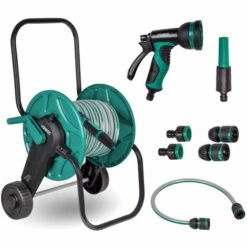 VONROC Set Complet Chariot Enrouleur Avec Tuyau D’arrosage De 20M, 3 Buses D’arrosage, Raccord De Tuyaux Et Raccord De Robinet Inclus