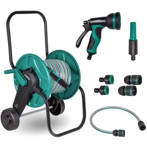 VONROC Set Complet Chariot Enrouleur Avec Tuyau D’arrosage De 20M, 3 Buses D’arrosage, Raccord De Tuyaux Et Raccord De Robinet Inclus 3 VONROC Set Complet Chariot Enrouleur Avec Tuyau D’arrosage De 20M, 3 Buses D’arrosage, Raccord De Tuyaux Et Raccord De Robinet Inclus