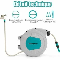 COSTWAY Enrouleur De Tuyau à Eau Rétractable 1/2", Dévidoir Mural Pivotant Pour Tuyau D’Air Pour Compresseur Avec Structure Robuste Et Pression De 120 PSI(Enrouleur De Tuyau à Air) 9 COSTWAY Enrouleur De Tuyau à Eau Rétractable 1/2", Dévidoir Mural Pivotant Pour Tuyau D’Air Pour Compresseur Avec Structure Robuste Et Pression De 120 PSI(Enrouleur De Tuyau à Air) -Tuyau d'arrosage Soldes 26744199 3
