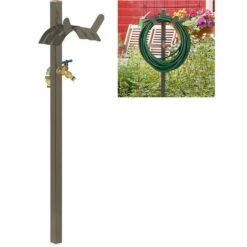 Relaxdays Porte-tuyau D’arrosage Avec Robinet, 2 Adaptateurs 1/2" Inclus, Acier, Colonne D’eau, 107,5 Cm De Haut, Brun