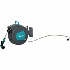 Outsunny Dévidoir Mural Enrouleur Automatique Pivotant 180° Tuyau 15 + 1,4 M Avec Lance Arrosage Support Mural Intégré Turquoise Gris - Turquoise