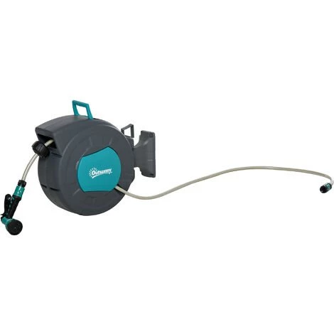 Outsunny Dévidoir Mural Enrouleur Automatique Pivotant 180° Tuyau 15 + 1,4 M Avec Lance Arrosage Support Mural Intégré Turquoise Gris - Turquoise 3 Outsunny Dévidoir Mural Enrouleur Automatique Pivotant 180° Tuyau 15 + 1,4 M Avec Lance Arrosage Support Mural Intégré Turquoise Gris - Turquoise