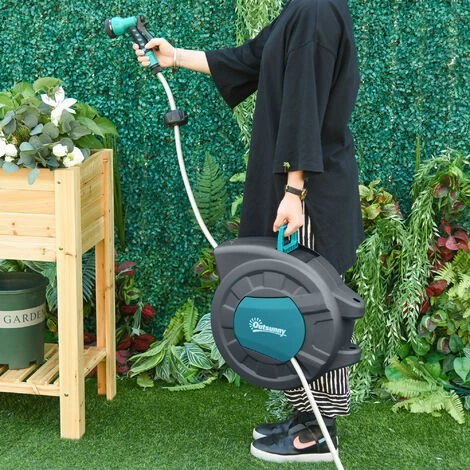 Outsunny Dévidoir Mural Enrouleur Automatique Pivotant 180° Tuyau 15 + 1,4 M Avec Lance Arrosage Support Mural Intégré Turquoise Gris - Turquoise 4 Outsunny Dévidoir Mural Enrouleur Automatique Pivotant 180° Tuyau 15 + 1,4 M Avec Lance Arrosage Support Mural Intégré Turquoise Gris - Turquoise – Image 2