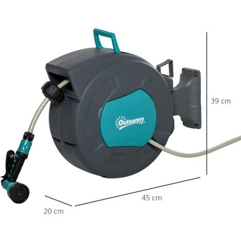 Outsunny Dévidoir Mural Enrouleur Automatique Pivotant 180° Tuyau 15 + 1,4 M Avec Lance Arrosage Support Mural Intégré Turquoise Gris - Turquoise 5 Outsunny Dévidoir Mural Enrouleur Automatique Pivotant 180° Tuyau 15 + 1,4 M Avec Lance Arrosage Support Mural Intégré Turquoise Gris - Turquoise – Image 3