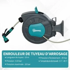 Outsunny Dévidoir Mural Enrouleur Automatique Pivotant 180° Tuyau 15 + 1,4 M Avec Lance Arrosage Support Mural Intégré Turquoise Gris - Turquoise 11 Outsunny Dévidoir Mural Enrouleur Automatique Pivotant 180° Tuyau 15 + 1,4 M Avec Lance Arrosage Support Mural Intégré Turquoise Gris - Turquoise -Tuyau d'arrosage Soldes 28252141 5