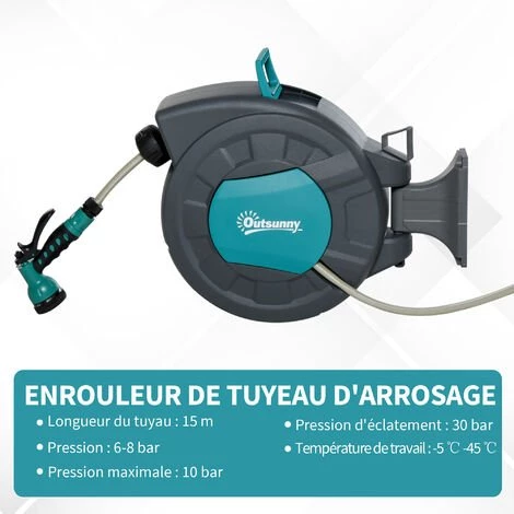 Outsunny Dévidoir Mural Enrouleur Automatique Pivotant 180° Tuyau 15 + 1,4 M Avec Lance Arrosage Support Mural Intégré Turquoise Gris - Turquoise 7 Outsunny Dévidoir Mural Enrouleur Automatique Pivotant 180° Tuyau 15 + 1,4 M Avec Lance Arrosage Support Mural Intégré Turquoise Gris - Turquoise – Image 5