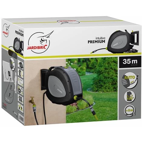 Jardibric Dévidoir Mural Automatique 35m Ø12.5mm Rétractable Avec Rallonge + Nez De Robinet + Raccords + Lance D'arrosage 5 Jardibric Dévidoir Mural Automatique 35m Ø12.5mm Rétractable Avec Rallonge + Nez De Robinet + Raccords + Lance D'arrosage – Image 3