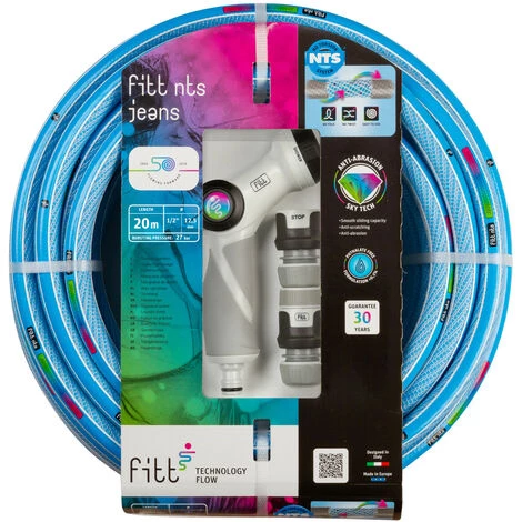 FITT NTS JEANS 1/2" (12,5 Mm) 20 M Kit - Tuyau D'arrosage De Jardin Pour Une Utilisation Intensive, Avec Pistolet Multi-jet Et Raccords 3 FITT NTS JEANS 1/2" (12,5 Mm) 20 M Kit - Tuyau D'arrosage De Jardin Pour Une Utilisation Intensive, Avec Pistolet Multi-jet Et Raccords