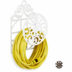 Relaxdays Porte Tuyau Arrosage Support Tuyau Arrosage Fonte Fer HxlxP: 50 X 32 X 20 Cm, Blanc