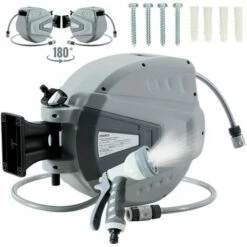 AREBOS Enrouleur De Tuyau Pivotant De 15 M - Avec Dispositif D'arrêt - Support Mural - Mécanisme Enrouleur Automatique - Gris - Gris