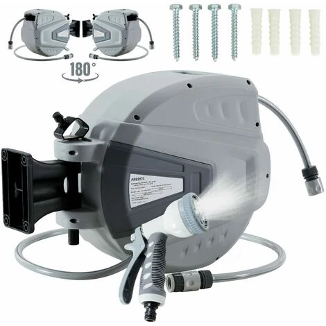 AREBOS Enrouleur De Tuyau Pivotant De 15 M - Avec Dispositif D'arrêt - Support Mural - Mécanisme Enrouleur Automatique - Gris - Gris 3 AREBOS Enrouleur De Tuyau Pivotant De 15 M - Avec Dispositif D'arrêt - Support Mural - Mécanisme Enrouleur Automatique - Gris - Gris
