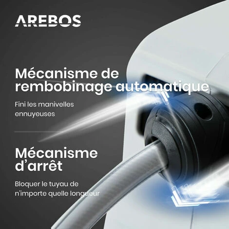 AREBOS Enrouleur De Tuyau Pivotant De 15 M - Avec Dispositif D'arrêt - Support Mural - Mécanisme Enrouleur Automatique - Gris - Gris 6 AREBOS Enrouleur De Tuyau Pivotant De 15 M - Avec Dispositif D'arrêt - Support Mural - Mécanisme Enrouleur Automatique - Gris - Gris – Image 4