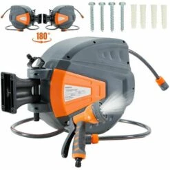 AREBOS Enrouleur De Tuyau Pivotant De 15 M - Avec Dispositif D'arrêt - Support Mural - Mécanisme D'enroulement Automatique - Orange - Orange