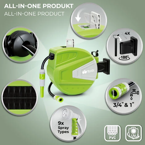 Tillvex Enrouleur De Tuyau D'arrosage 15+2m Gris Pour Jardin - Avec Support Mural + Poignée | Dévidoir Pour Tuyau Avec Pistolet à Eau Et Tuyau D'arrosage | Pivotant à 180 4 Tillvex Enrouleur De Tuyau D'arrosage 15+2m Gris Pour Jardin - Avec Support Mural + Poignée | Dévidoir Pour Tuyau Avec Pistolet à Eau Et Tuyau D'arrosage | Pivotant à 180 – Image 2