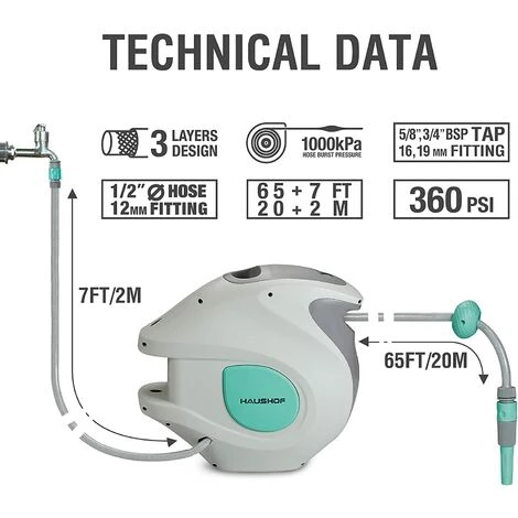 HAUSHOF Enrouleur Tuyau Arrosage, 20+2 M Avec 2 Pistolet à Eau (9 Modes De Jet Réglables),Rétractation Automatique,Pivotant à 180°,Verrouillage à Toute Longeur,Dévidoir Mural Idéal Pour Jardin,Garage 6 HAUSHOF Enrouleur Tuyau Arrosage, 20+2 M Avec 2 Pistolet à Eau (9 Modes De Jet Réglables),Rétractation Automatique,Pivotant à 180°,Verrouillage à Toute Longeur,Dévidoir Mural Idéal Pour Jardin,Garage – Image 4