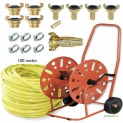 TRIZERATOP Dévidoir PROFESSIONAL Acier + 100m Tuyau Eau 3/4" + Buse Douchette + Raccord