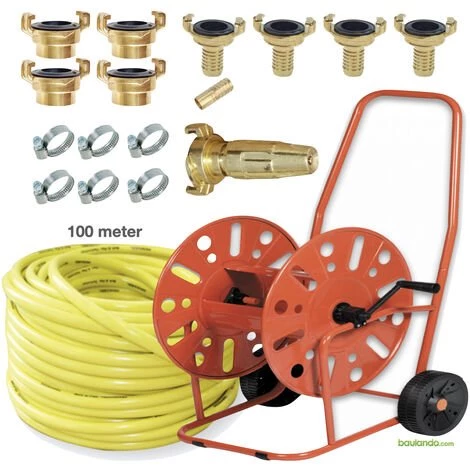 TRIZERATOP Dévidoir PROFESSIONAL Acier + 100m Tuyau Eau 3/4" + Buse Douchette + Raccord 3 TRIZERATOP Dévidoir PROFESSIONAL Acier + 100m Tuyau Eau 3/4" + Buse Douchette + Raccord