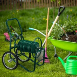 Relaxdays Dévidoir Tuyau D’arrosage, Connexion 3/4’’, Jusqu’à 90 M De Tuyau, 2 Roues En Caoutchouc, Panier, Métal, Vert -Tuyau d'arrosage Soldes 56550065 3