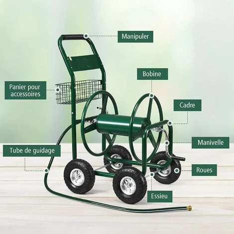 GOPLUS Chariot Dévidoir Pour Tuyau D’Arrosage Sur Roues Pour Jardin, Avec Panier De Rangement, Dans Un Cadre Métallique Robuste, 96 X 62 X113CM, Vert 6 GOPLUS Chariot Dévidoir Pour Tuyau D’Arrosage Sur Roues Pour Jardin, Avec Panier De Rangement, Dans Un Cadre Métallique Robuste, 96 X 62 X113CM, Vert – Image 4