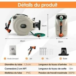 COSTWAY Dévidoir Automatique Enrouleur Mural 15+1m - Pivotant 180°- Pression Max: 8 Bars - Φ 13 Mm Avec Lance Arrosage Kit Complet -Tuyau d'arrosage Soldes 61219897 5