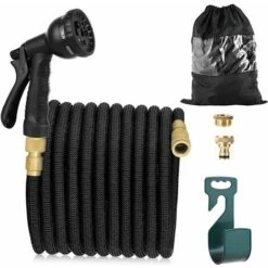 FOZIY Tuyau D'arrosage Rétractable 15 M, 8 Fonctions De Pulvérisation, Raccords En Laiton 1/2 "et 3/4", Tuyau En Latex 3 Couches, Tuyau D'irrigation Et De Rinçage Avec Crochet Et Pochette，Fonepro