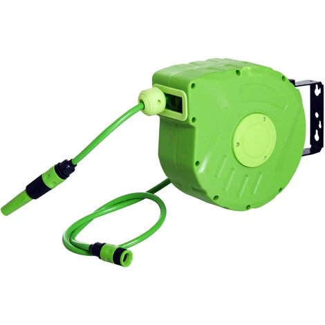 Outsunny Dévidoir Mural Enrouleur Automatique Pivotant 180° Tuyau 10 + 1 M Avec Lance Arrosage Support Mural Intégré Vert 3 Outsunny Dévidoir Mural Enrouleur Automatique Pivotant 180° Tuyau 10 + 1 M Avec Lance Arrosage Support Mural Intégré Vert
