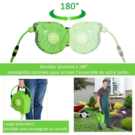 Outsunny Dévidoir Mural Enrouleur Automatique Pivotant 180° Tuyau 10 + 1 M Avec Lance Arrosage Support Mural Intégré Vert 6 Outsunny Dévidoir Mural Enrouleur Automatique Pivotant 180° Tuyau 10 + 1 M Avec Lance Arrosage Support Mural Intégré Vert – Image 4